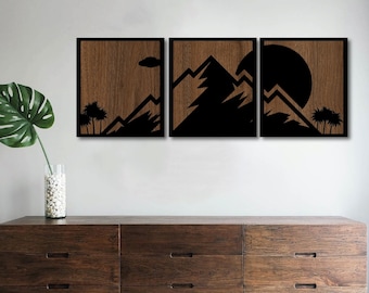 Houten berg muur kunst set, boho wanddecoratie, midden van de eeuw modern, extra grote muur kunst, houten muur decor, muur sticker berg, minimalistische kunst
