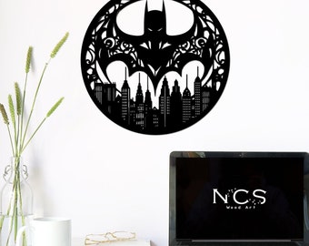 Superhero Wooden Wall Art, Bats Art, Boyfriend gift, Superheroes Gift, Bat wood wall decor, City Custom Decor, Gotham Silhouette wall decor