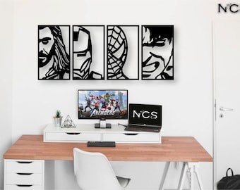 Avengers Portraits Wooden Wall Art set of 4, Geometric Wall Decor, 3D Wooden Superhero ; Thor, Hulk, Spider-Man, Iron Man