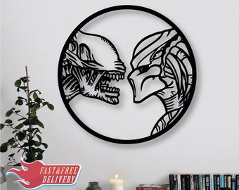 Alien Predator Art , Alien and Predator Wood Wall Decor ,  Predator , Wood Wall sing , Alien and Predator, Christmas Gift , Halloween Gift