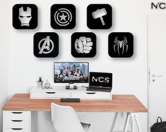 Avengers Holz Wand Kunst 6er Set, Geometrische Wand Dekoration, 3D Holz Superheld Logo Wandbehang, Thor, Hulk, Spiderman, Ironman, Weihnachtsgeschenk