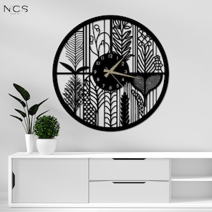 Oversized Wooden Wall Clock with Leaf Patterns - Minimalist Scandinavian and Mid Century Modern Decor
