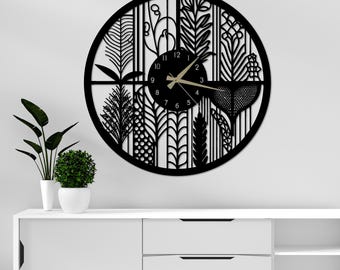 Oversized Wooden Wall Clock with Leaf Patterns - Minimalist Scandinavian and Mid Century Modern Decor