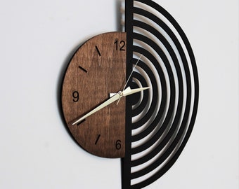 Mid Century Modern Wooden Wall Clock, Minimalist Scandinavian Decor, Rustic Reclaimed Wood Clock with Geometric Art,Bauhaus and Wood Accents