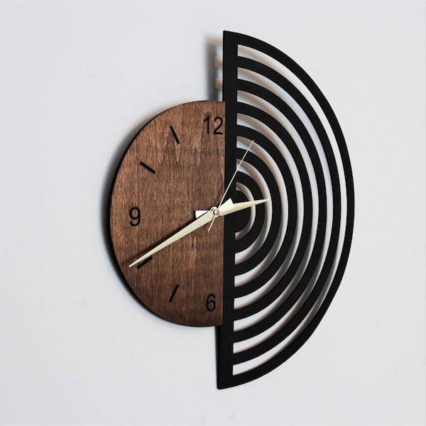 Mid Century Modern Wooden Wall Clock, Minimalist Scandinavian Decor, Rustic Reclaimed Wood Clock with Geometric Art,Bauhaus and Wood Accents