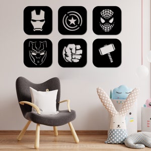 Avengers Wood Wall Art Set of 6, Geometric Wall Decor, 3D Wooden Superhero Logo Wall Hanging,Thor, Hulk, Spiderman, Ironman, Christmas Gift
