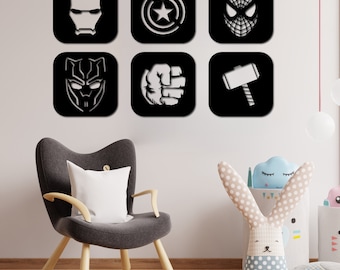 Avengers Holz Wandkunst 6er Set, Geometrische Wanddekor, 3D Holz Superhelden Logo Wandbehang, Thor, Hulk, Spiderman, Ironman, Weihnachtsgeschenk