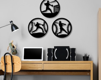 Baseball Wood Wall Art – 3 Piece Rustic Sports Sign | Handmade Wooden Baseball Player Decor | Kids Room & Man Cave Gift