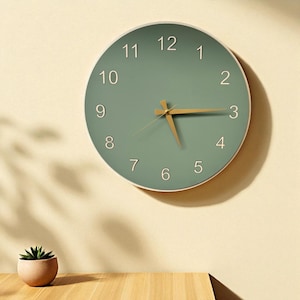 Puede incluir: Un reloj de pared redondo con una esfera verde salvia y manecillas doradas. El reloj tiene un borde blanco y números negros. El reloj está colgado en una pared beige claro. Una pequeña planta en maceta está debajo.