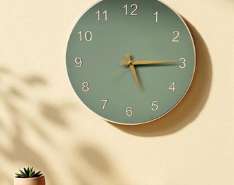 Wooden Wall Clock, Minimalist Scandinavian Wall Clock, Modern Rustic Clock, Housewarming gift,Mid Century Wall Clock, Green gold Wall Clock