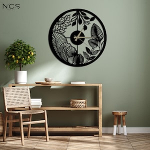 Oversized Wooden Wall Clock with Leaf Patterns - Minimalist Scandinavian and Mid Century Modern Decor