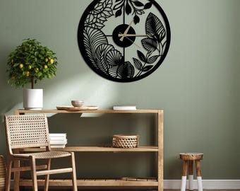 Oversized Wooden Wall Clock with Leaf Patterns - Minimalist Scandinavian and Mid Century Modern Decor