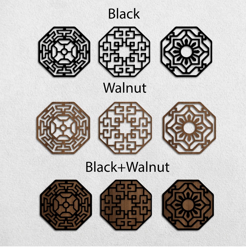 May include: Three octagonal wood wall decorations in black, walnut, and black and walnut. Each piece features a different geometric design.
