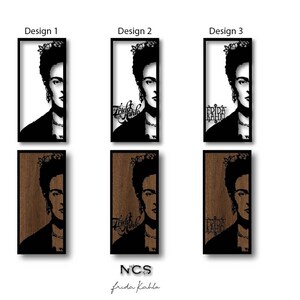 May include: Three different designs for a wood wall art piece featuring a black silhouette of Frida Kahlo. The first design has a white background, the second design has the text "Frida Kahlo" in black script, and the third design has the text "Frida Kahlo" in black block letters.