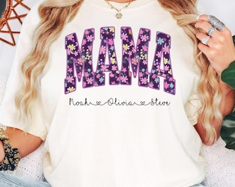 Comfort Colors® Floral Mama Shirt, Personalized Mama Shirt, Custom Mom Shirt With Kids Names, Mothers Day Gift Shirt For Mom