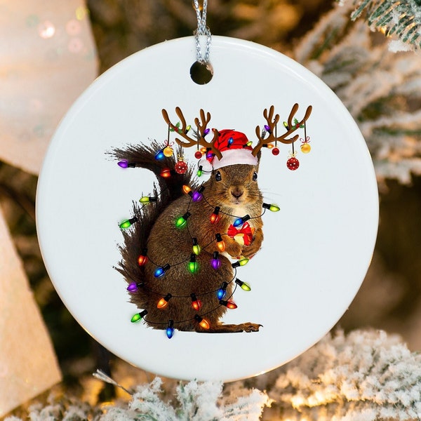 Christmas Squirrel Lights Ornament, Custom Christmas Ornament, Memorial Ornament,Custom Family Tree Keepsake,Ceramic Ornament,Christmas Gift