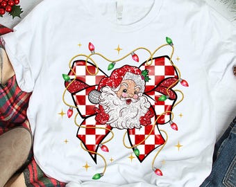 Santa Heart Christmas Shirt, Retro Santa T-Shirt, Cute Holiday Lights Tee, Vintage Xmas Graphic Shirt, Festive Red Checker Heart Santa Tee
