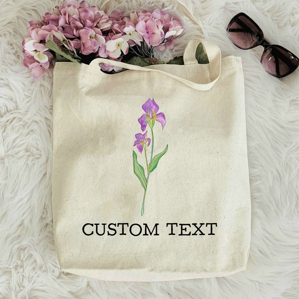 Février Naissance Fleur Tote Bag, Tote Bag Floral, Iris Tote, Mois de Naissance Personnalisé, Cadeau Fleur de Naissance, Tote Personnalisé, Cadeaux Fête des Mères