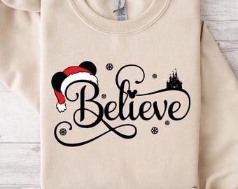 Believe Christmas Sweatshirt, Cute Disney Inspired Crewneck, Santa Hat Mickey Sweater, Cozy Retro Xmas Shirt for Women