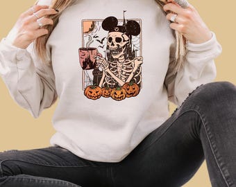 Skeleton Mickey Pumpkin Sweatshirt, Spooky Coffee Skeleton Shirt, Disney Halloween Pumpkin Sweatshirt, Trick or Treat Shirt