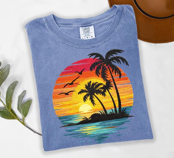 Comfort Colors® Sunset Beach Shirt, Tropical Palm Tree Shirt, Summer Vacation Tee, Ocean Sunset Shirt, Coastal Aesthetic Shirt