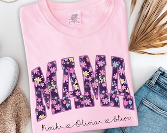 Comfort Colors® Floral Mama Shirt, Personalized Mama Shirt, Custom Mom Shirt With Kids Names, Mothers Day Gift Shirt For Mom