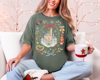 Comfort Colors® Christmas Castle Shirt, Holiday Castle Tee, Cute Christmas Wreath Shirt, Disney Inspired Christmas Tee, Festive Holiday Tee