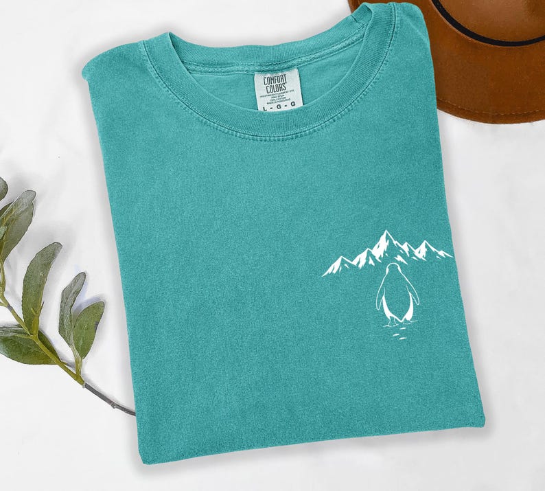 A turquoise t-shirt with a mountain and penguin graphic printed on it, along with a brown hat and a green plant.