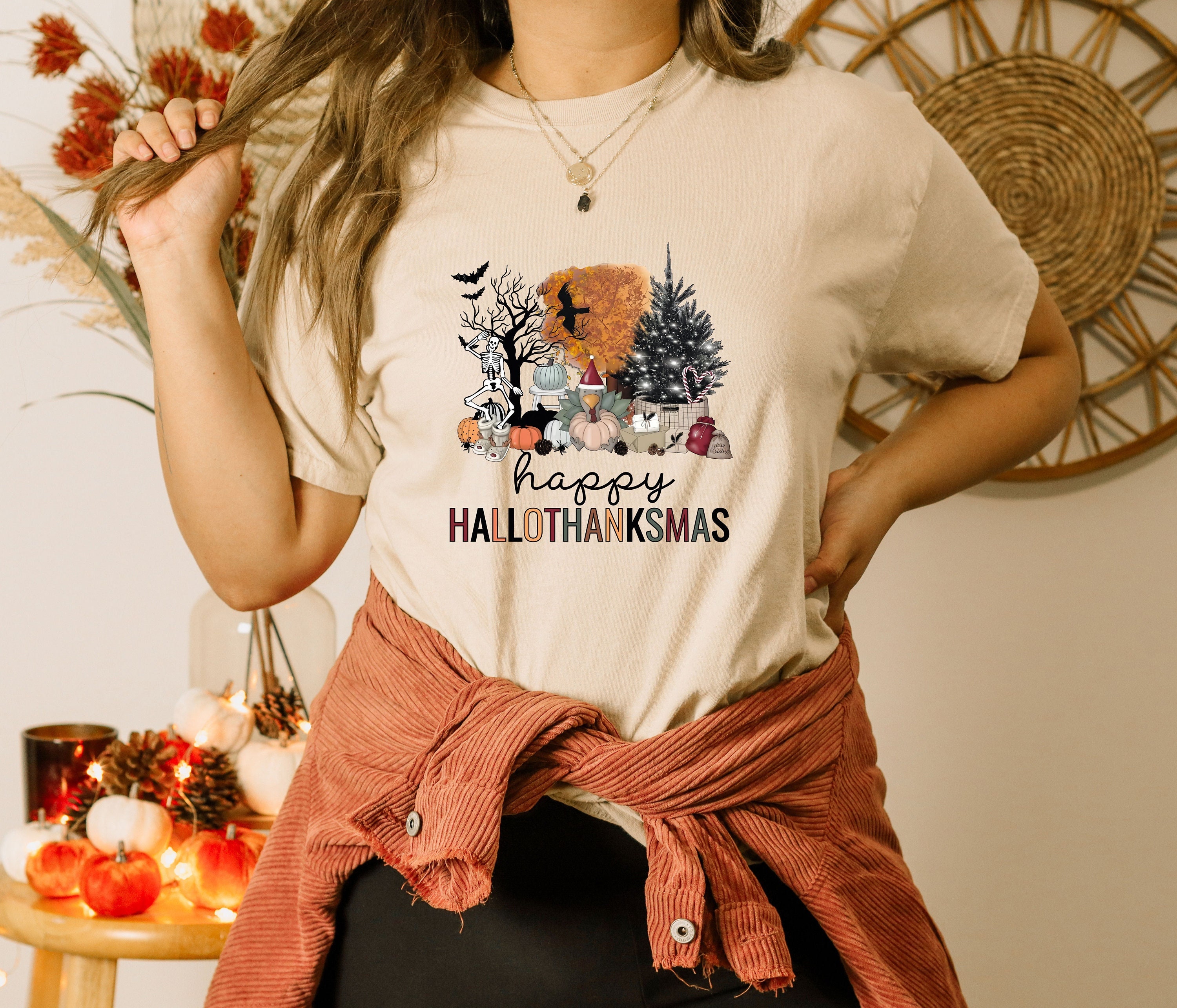 Discover Happy Hallothanksmas Shirt, Thanksgiving Shirt, Holiday Shirt, Family Shirt, Fall Tee, Halloween T-Shirt, Funny Shirt, Christmas Shirt