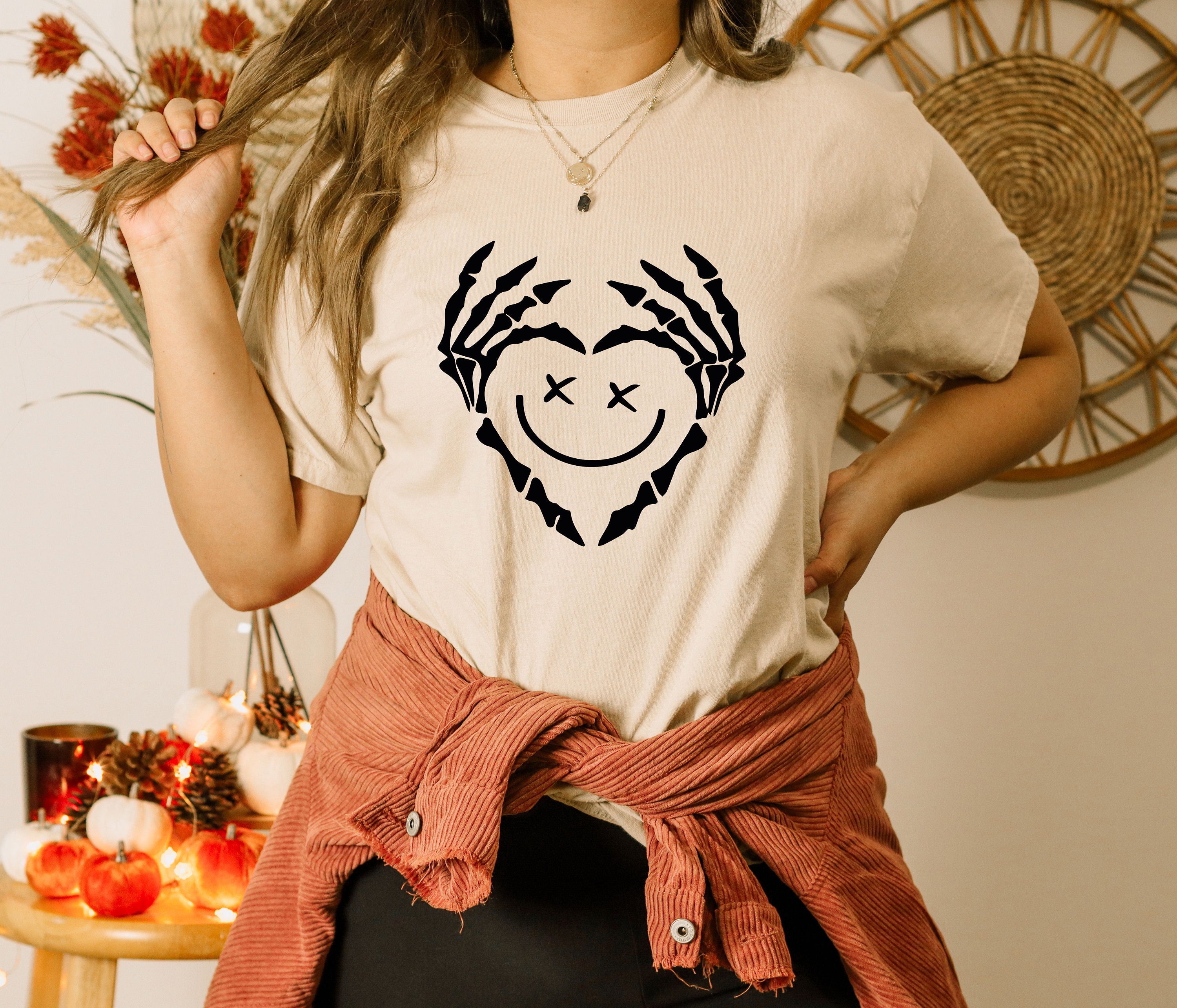 Discover Skeleton Hands Heart Shirt, Smiley Face Shirt, Cute Smile Shirt, Funny Couple Shirt, Halloween T-Shirt, Spooky Shirt, Valentine Shirt