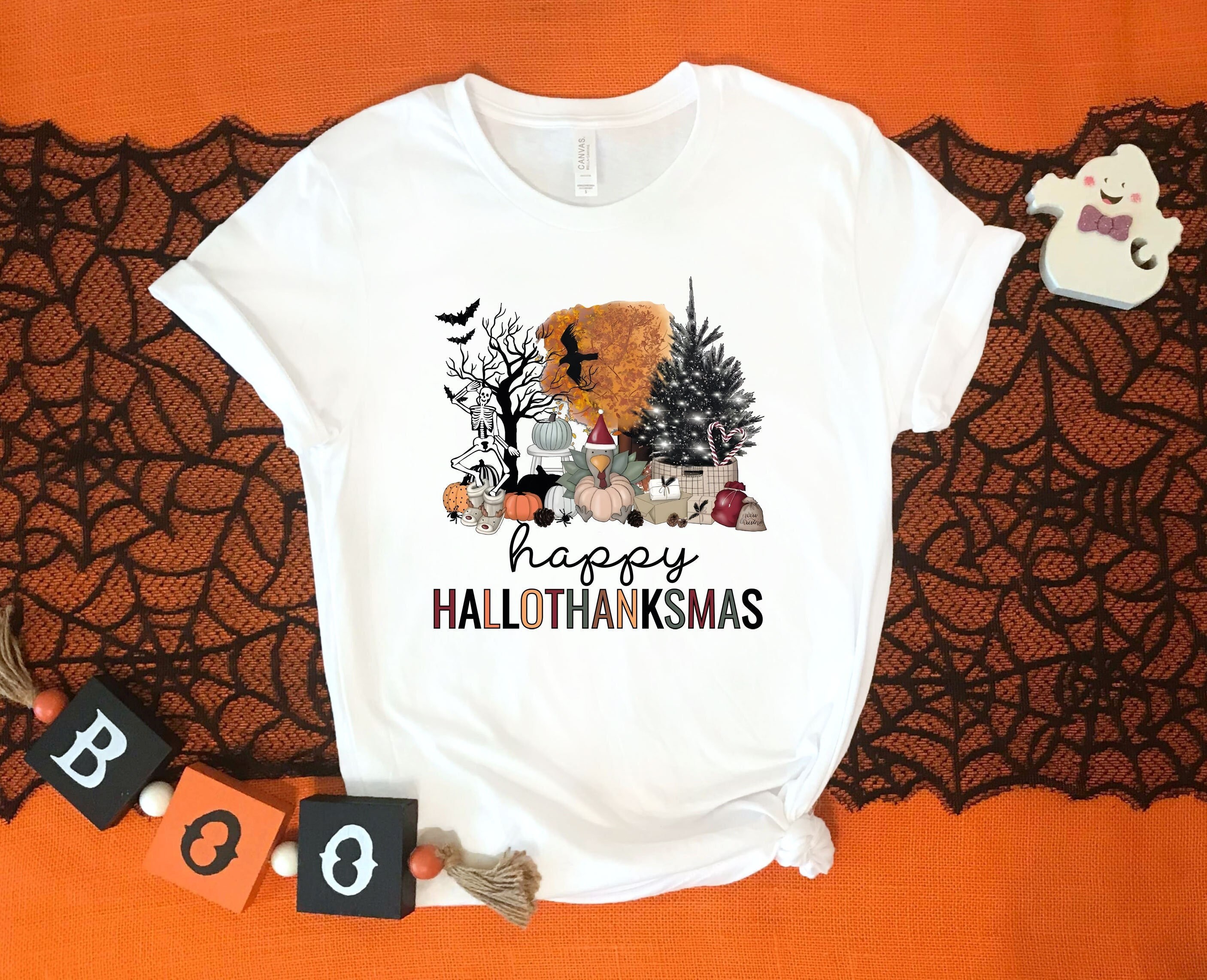 Discover Happy Hallothanksmas Shirt, Thanksgiving Shirt, Holiday Shirt, Family Shirt, Fall Tee, Halloween T-Shirt, Funny Shirt, Christmas Shirt