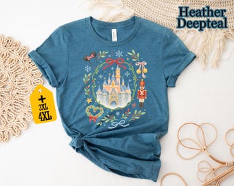 Christmas Castle Wreath Shirt for Women, Holiday Disney Castle Tee, Cute Christmas Graphic Shirt, Festive Christmas Trip Shirt for Family