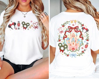 Comfort Colors® Christmas Castle Shirt with Front and Back Design, Holiday Disney Inspired Castle Tee, Cute Festive Wreath Christmas Shirt