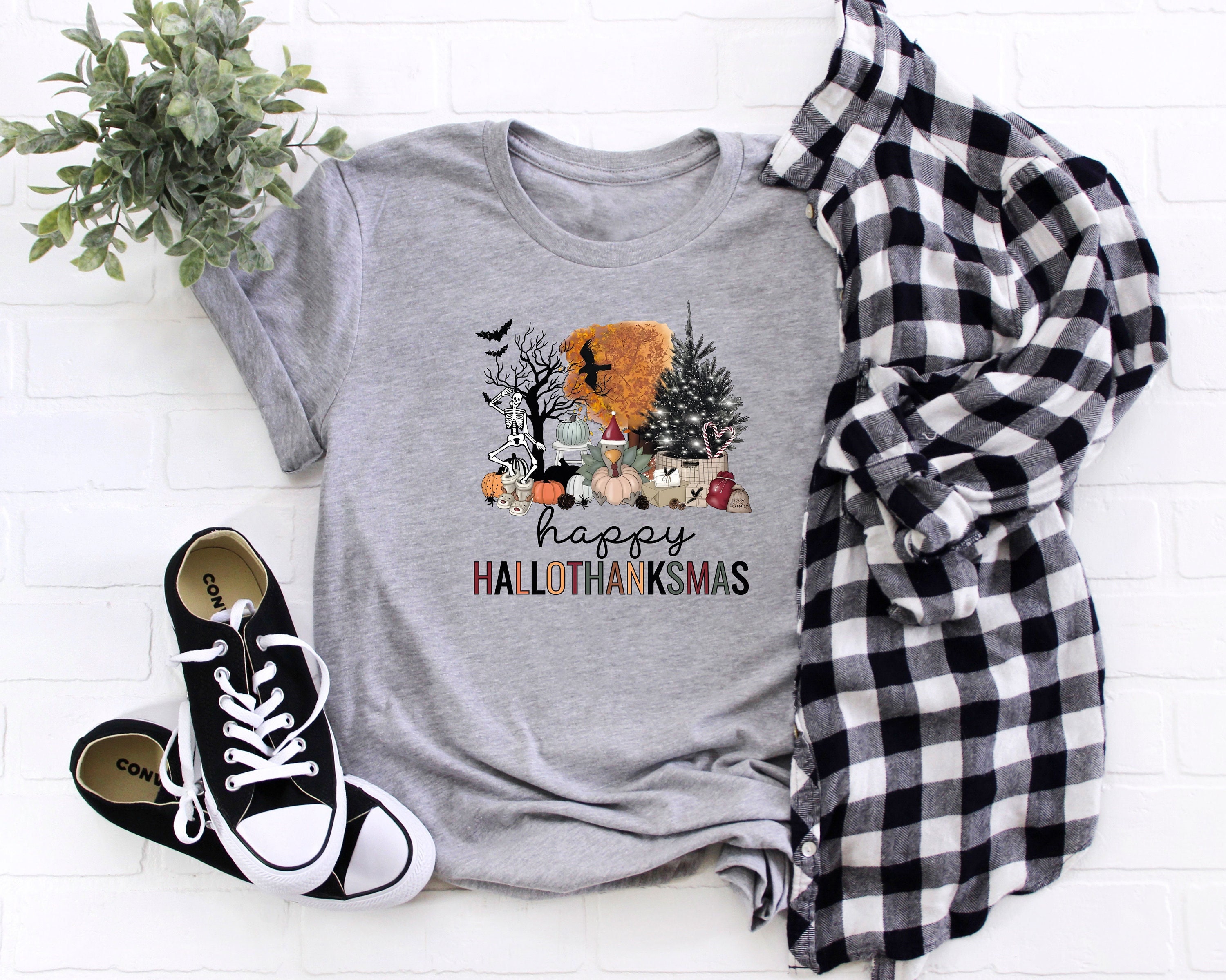 Discover Happy Hallothanksmas Shirt, Thanksgiving Shirt, Holiday Shirt, Family Shirt, Fall Tee, Halloween T-Shirt, Funny Shirt, Christmas Shirt