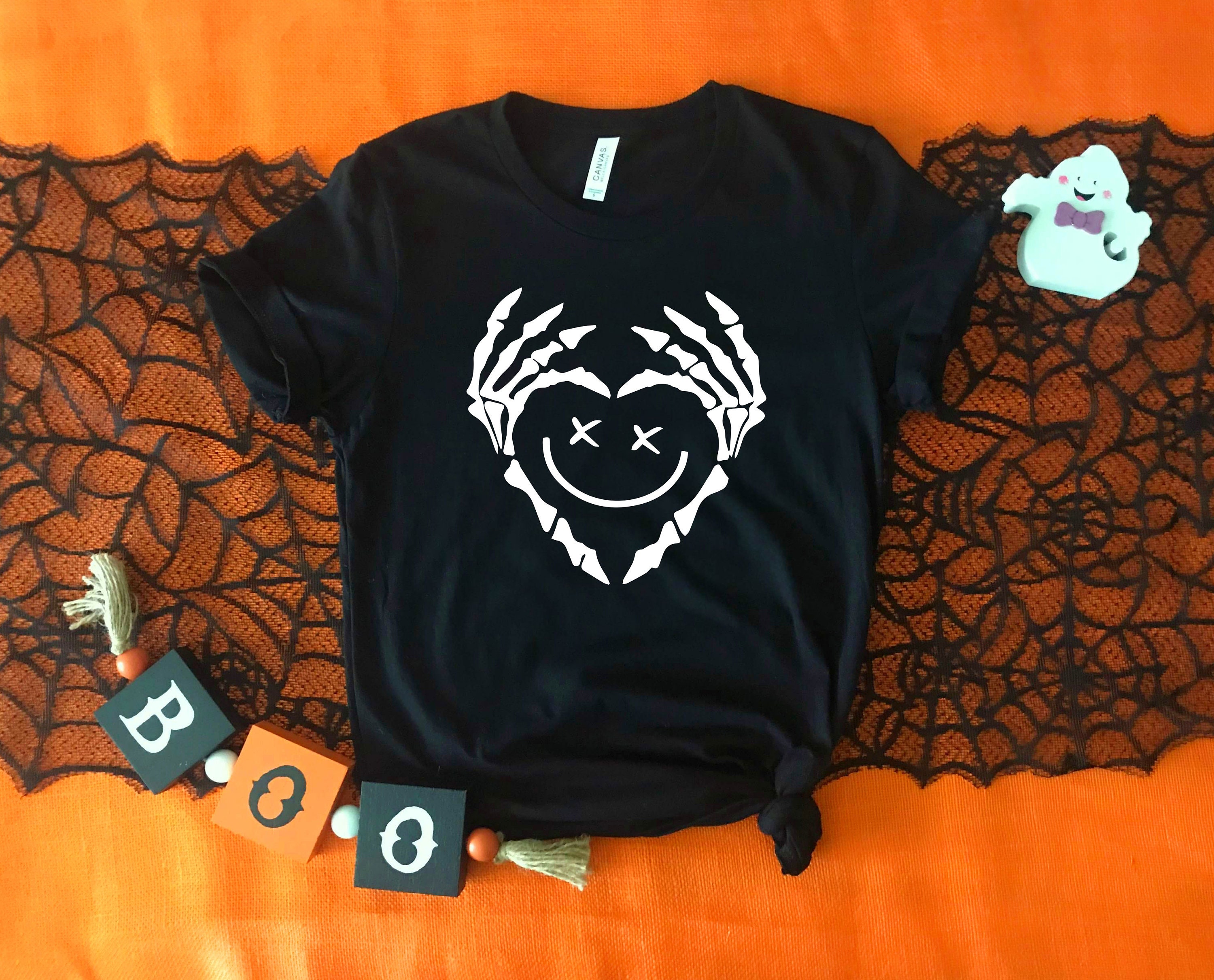 Discover Skeleton Hands Heart Shirt, Smiley Face Shirt, Cute Smile Shirt, Funny Couple Shirt, Halloween T-Shirt, Spooky Shirt, Valentine Shirt