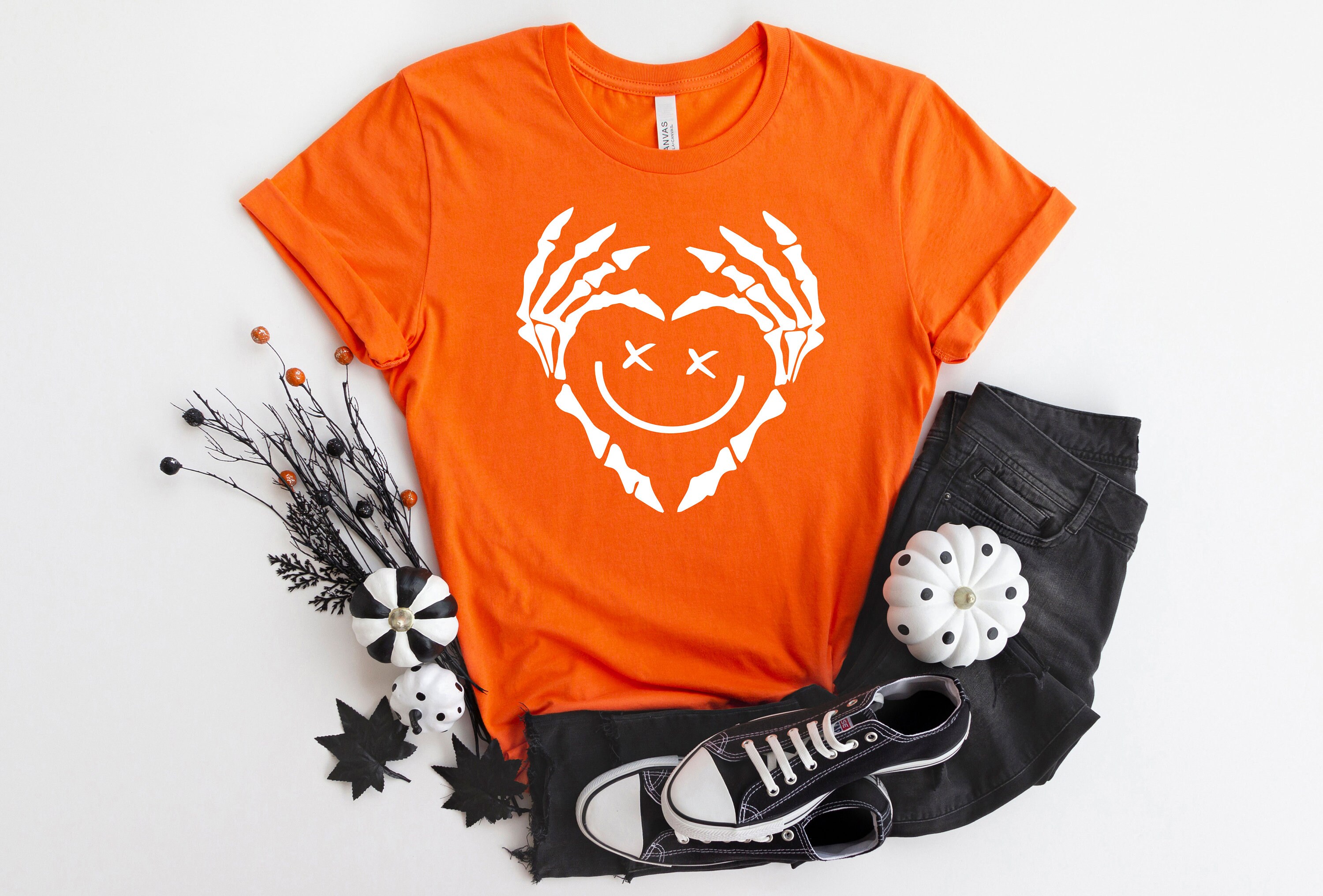 Discover Skeleton Hands Heart Shirt, Smiley Face Shirt, Cute Smile Shirt, Funny Couple Shirt, Halloween T-Shirt, Spooky Shirt, Valentine Shirt