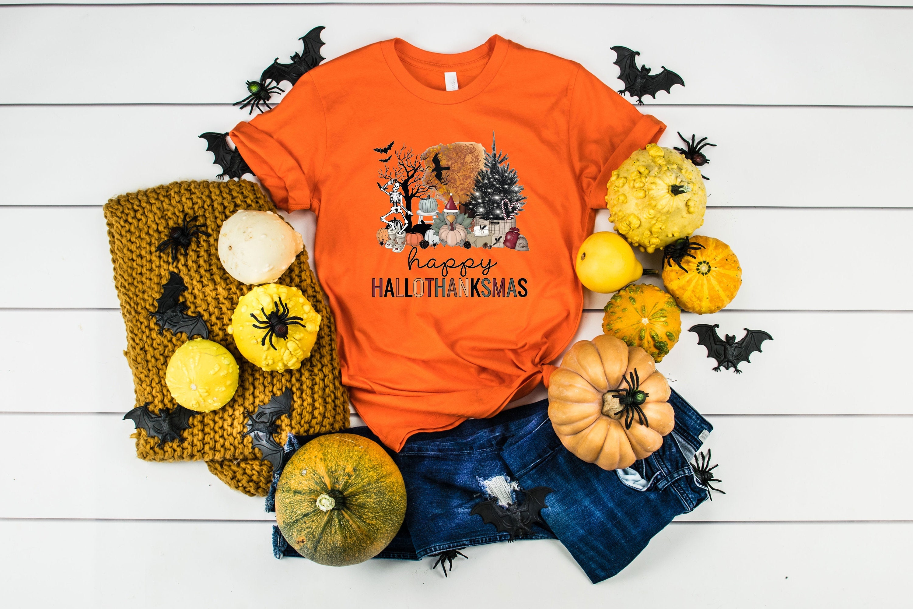 Discover Happy Hallothanksmas Shirt, Thanksgiving Shirt, Holiday Shirt, Family Shirt, Fall Tee, Halloween T-Shirt, Funny Shirt, Christmas Shirt