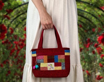 Floral Embroidered Cotton Tote Bag, Small Mini Size | Korean Traditional Style Sae-tton Quilt Pattern Bag with Zippers | Mother’s Day Gift