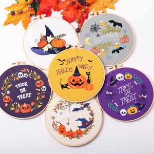 Halloween Embroidery Kit for Beginner | Embroidery Kit with Pattern| Modern Flower Embroidery Full Kit with Needlepoint Hoop | DIY Craft Kit