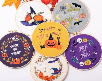 Halloween Embroidery Kit for Beginner | Embroidery Kit with Pattern| Modern Flower Embroidery Full Kit with Needlepoint Hoop | DIY Craft Kit