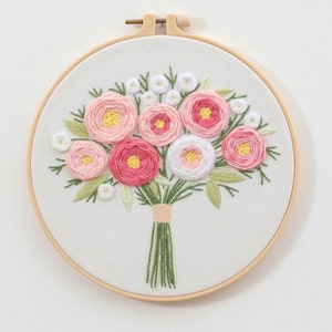 Embroidery Kit for Beginner Flower Bouquet Embroidery Kit with Pattern Floral Embroidery Full Kit with Needlepoint Hoop DIY Craft Kit Pattern 1