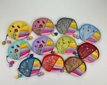 Floral Embroidered Coin Purse | Korean Traditional Style Ramie Half-Moon Pouch | Round Coin Case, Wallet, Card Holder | Souvenir Gift