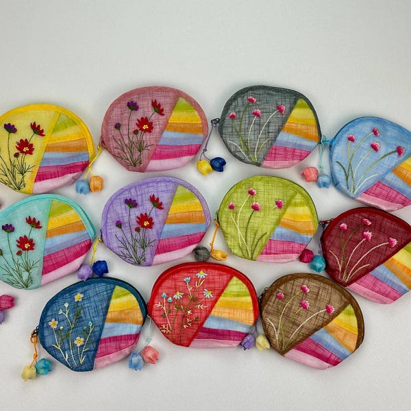 Floral Embroidered Coin Purse | Korean Traditional Style Ramie Half-Moon Pouch | Round Coin Case, Wallet, Card Holder | Souvenir Gift
