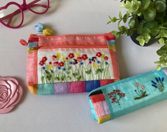 Gift set of 2 embroidered zipper bags | makeup cosmetic travel pouch pencil case purse wallet | Floral Pouch Gift for Her| Mother's Day Gift
