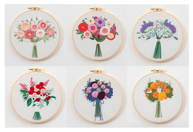 Embroidery Kit for Beginner Flower Bouquet Embroidery Kit with Pattern Floral Embroidery Full Kit with Needlepoint Hoop DIY Craft Kit image 1