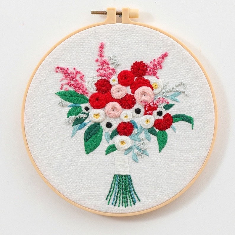 Embroidery Kit for Beginner Flower Bouquet Embroidery Kit with Pattern Floral Embroidery Full Kit with Needlepoint Hoop DIY Craft Kit Pattern 4