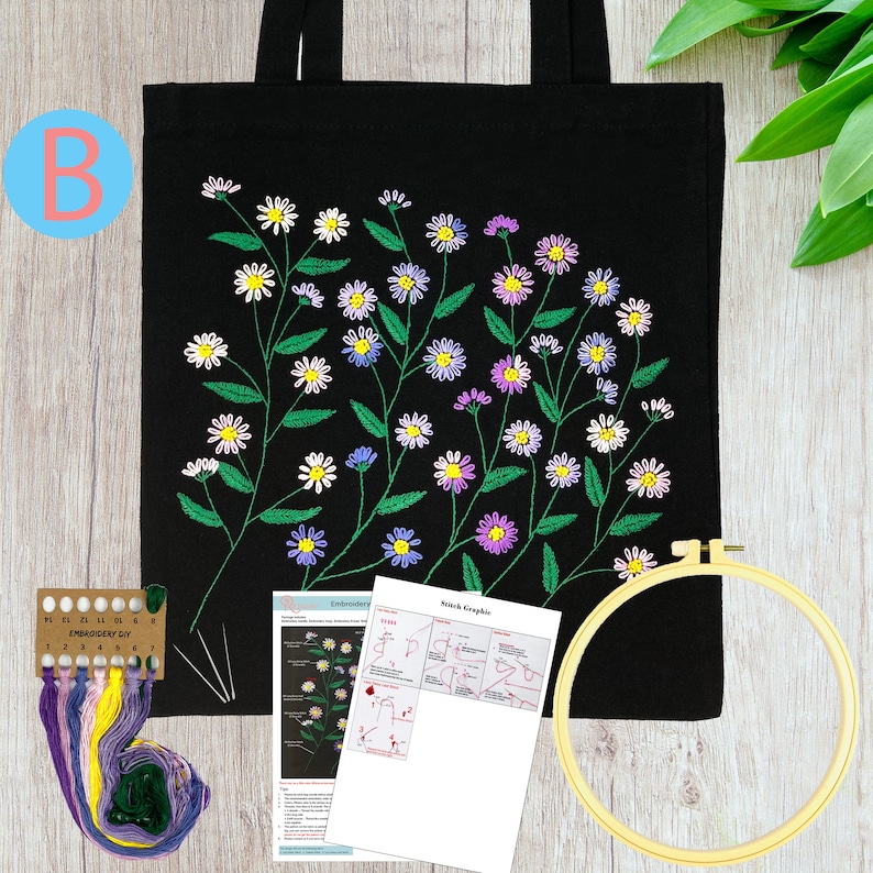 Embroidery Kit Beginner Canvas Tote Bag Modern Floral Plant image 3