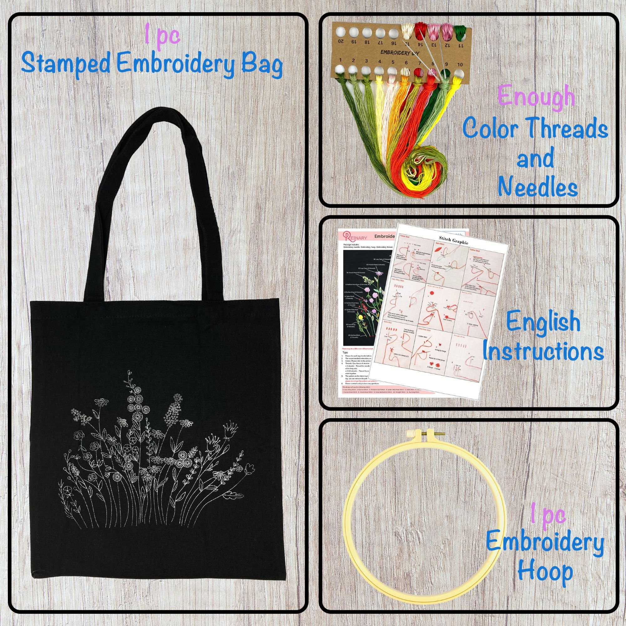 Embroidery Kit for Beginners with Pattern Canvas Tote Bag,DIY Needlepoint Kit