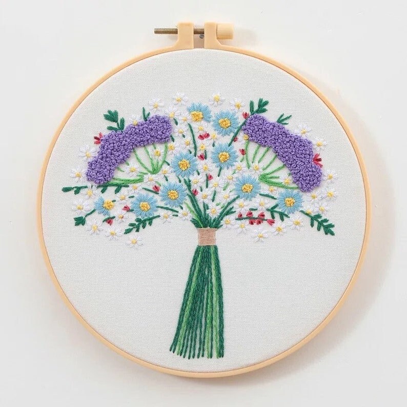 Embroidery Kit for Beginner Flower Bouquet Embroidery Kit with Pattern Floral Embroidery Full Kit with Needlepoint Hoop DIY Craft Kit Pattern 3