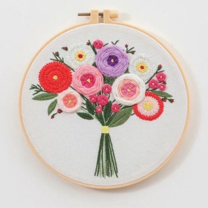 Embroidery Kit for Beginner Flower Bouquet Embroidery Kit with Pattern Floral Embroidery Full Kit with Needlepoint Hoop DIY Craft Kit Pattern 2